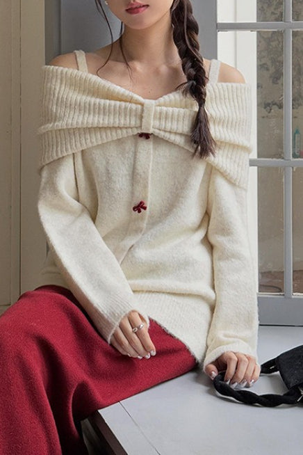 Off-Shoulder Bow Button Long Sleeve Wool Knitted Sweater