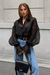 Sheer Organza Puff Sleeve Shirt