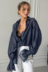 Sheer Balloon Sleeve Button Blouse