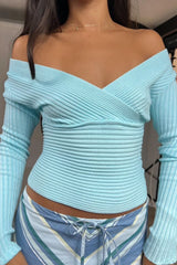 Off Shoulder Wrap V Neck Fitted Sweater