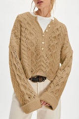 Button Detail Cable Knit Crew Neck Sweater