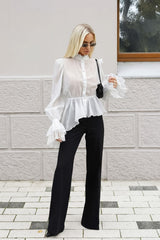 Lace Cuff Ruffle Hem Blouse