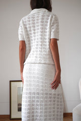 Openwork Polo Knit Top Maxi Skirt Set