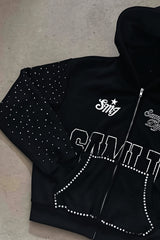 Rhinestone Text Graphic Full Zip Hoodie