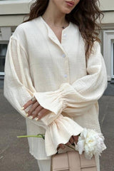 Balloon Sleeve Cotton Cardigan Wide Leg Pants Set