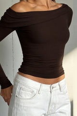Asymmetric Foldover Off Shoulder Long Sleeve Tee