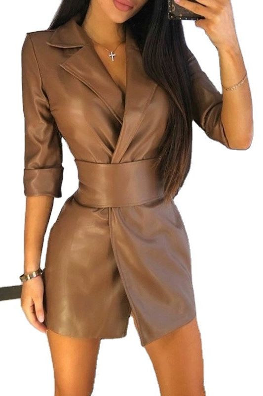 Pu leather suit collar leather jacket dress