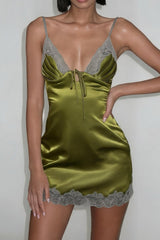 Lace Trim Tie Front Satin Mini Dress