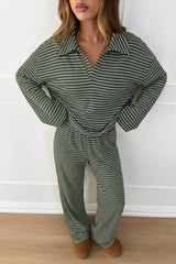 Contrast Stripe Collared Lounge Pants Set