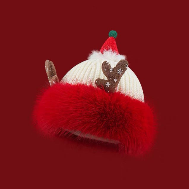 Reindeer Fleece Lined Knit Christmas Hat
