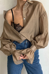 Sheer Balloon Sleeve Button Blouse