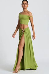 Metallic Oblique Shoulder Ruched Set Party Dress