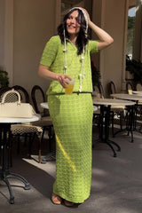Openwork Polo Knit Top Maxi Skirt Set