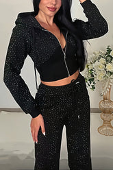 Cropped Rhinestone Zip-Up Hoodie