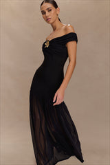 Floral Brooch Off Shoulder Mesh Maxi Dress