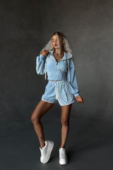 Contrast Velour Zip Front Shorts Hoodie Two Piece Set