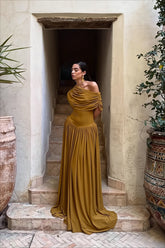 Draped Off Shoulder Drop Waist Maxi Dress