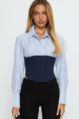Corset Waist Striped Long Sleeve Blouse