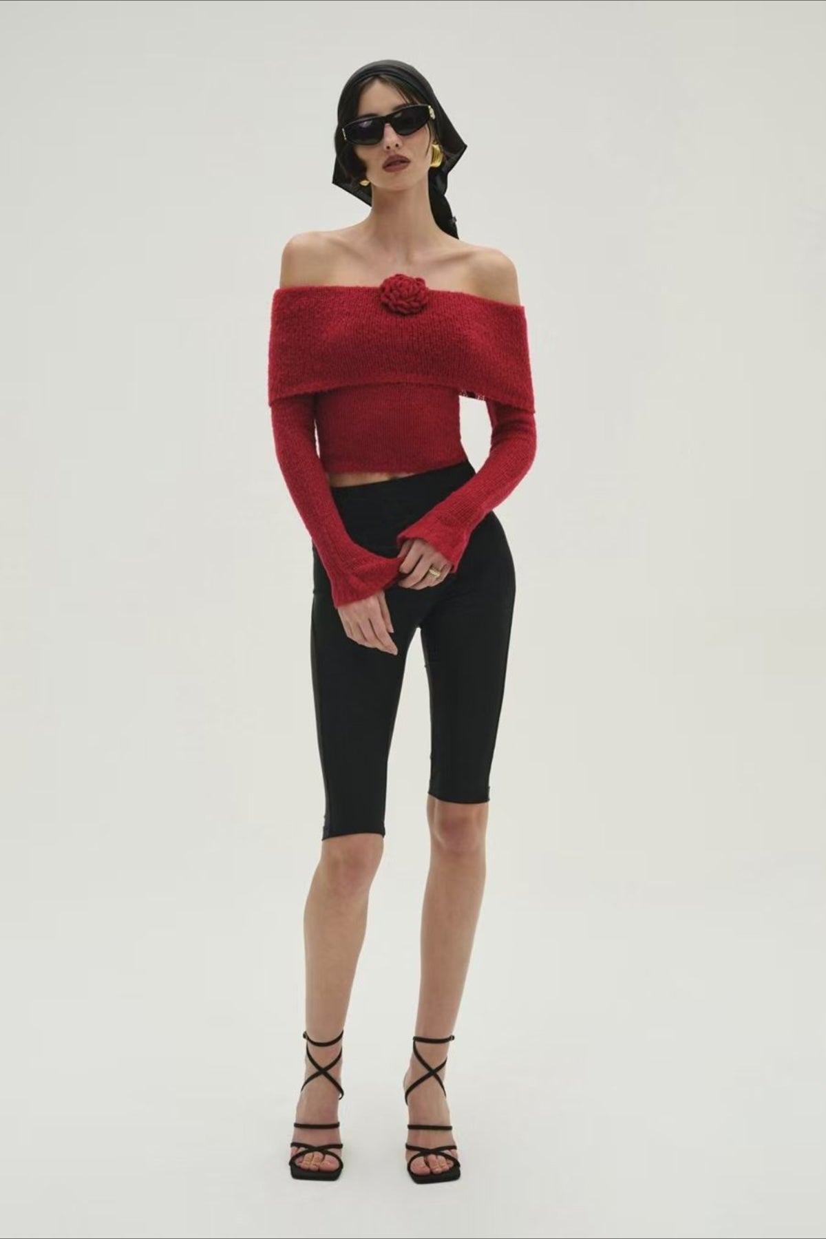 3D Floral Off-Shoulder Fitted Knitted Long Sleeve Tee