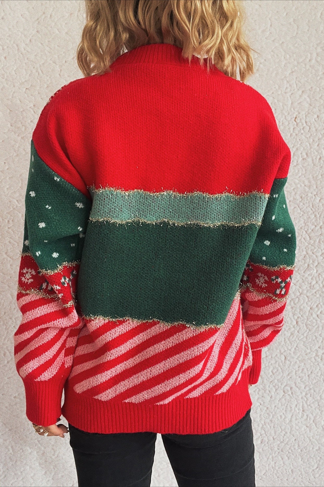Christmas Cozy Color Block Stripe Polka Dot Sweater