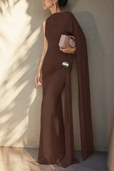 One Shoulder Cape Sleeve Ruched Maxi Dress