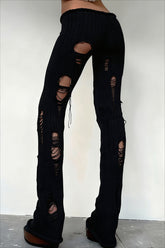 Distressed Ribbed Knit Flared Pants