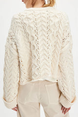 Button Detail Cable Knit Crew Neck Sweater