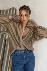 Sheer Balloon Sleeve Button Blouse
