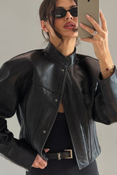 Snap Collar Faux Leather Bomber Jacket
