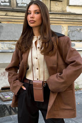 Contrast Collar Oversized Faux Suede Jacket