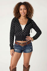 Polka Dot Fitted Zip Front Cropped Hoodie