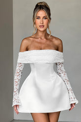 Off Shoulder Lace Sleeve A Line Mini Dress