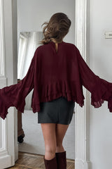 Burgundy Ruffle Bell Sleeve Blouse
