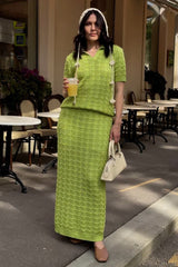 Openwork Polo Knit Top Maxi Skirt Set