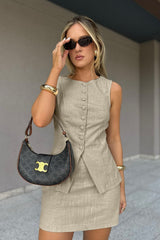 Linen Button Vest Mini Skirt Set