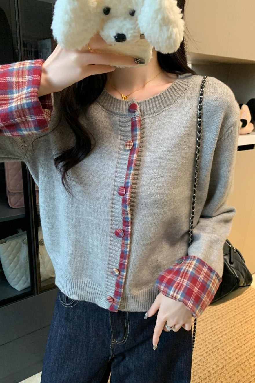 Red Plaid Contrast Round Neck Christmas Cardigan