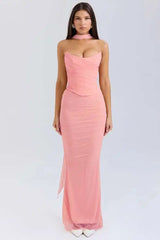 Mesh Strapless Ribbon Crop Set Party Dress