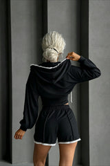 Contrast Velour Zip Front Shorts Hoodie Two Piece Set