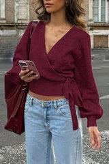 Wrap Front Tie Waist Cropped Sweater
