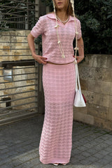 Openwork Polo Knit Top Maxi Skirt Set