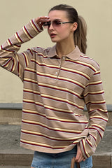 Striped Polo Collar Relaxed Long Sleeve T Shirt