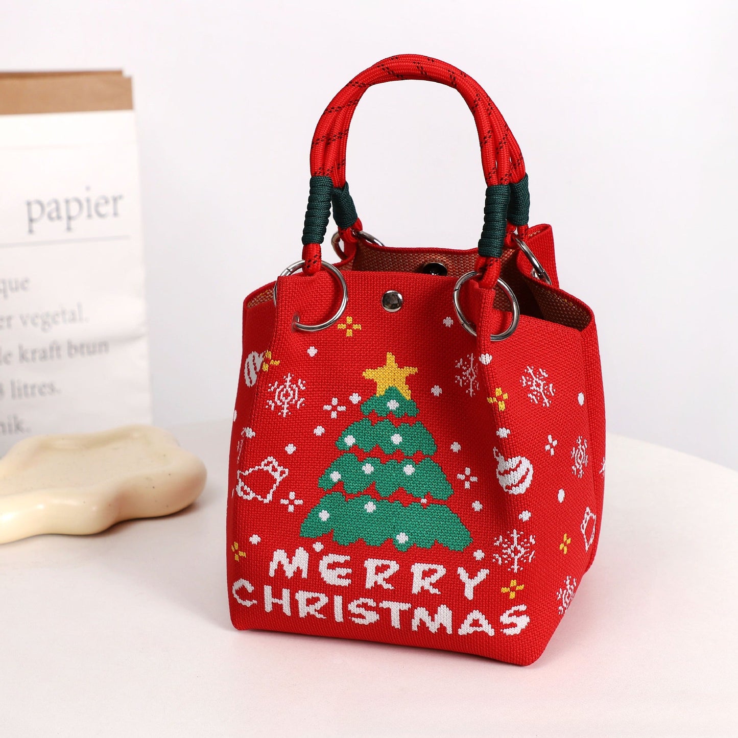 Christmas Woven Knitted Magnetic Snap Handheld Bag