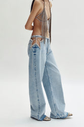 Rhinestone Low Rise Straight Leg Denim Jeans