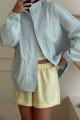 Contrast Trim Stand Collar Zip Bomber Jacket