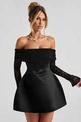 Off Shoulder Lace Sleeve A Line Mini Dress