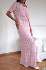 Openwork Polo Knit Top Maxi Skirt Set