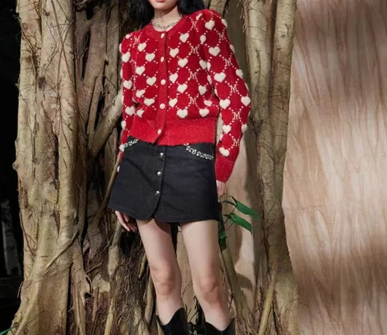 Red Vintage Argyle Jacquard Cardigan Cardigan-241208