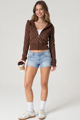 Polka Dot Fitted Zip Front Cropped Hoodie