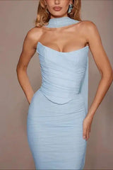 Mesh Strapless Ribbon Crop Set Party Dress