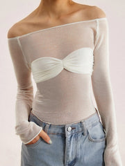 Vibemartini Semi-Sheer Off-Shoulder Mesh Long Sleeve Shirt